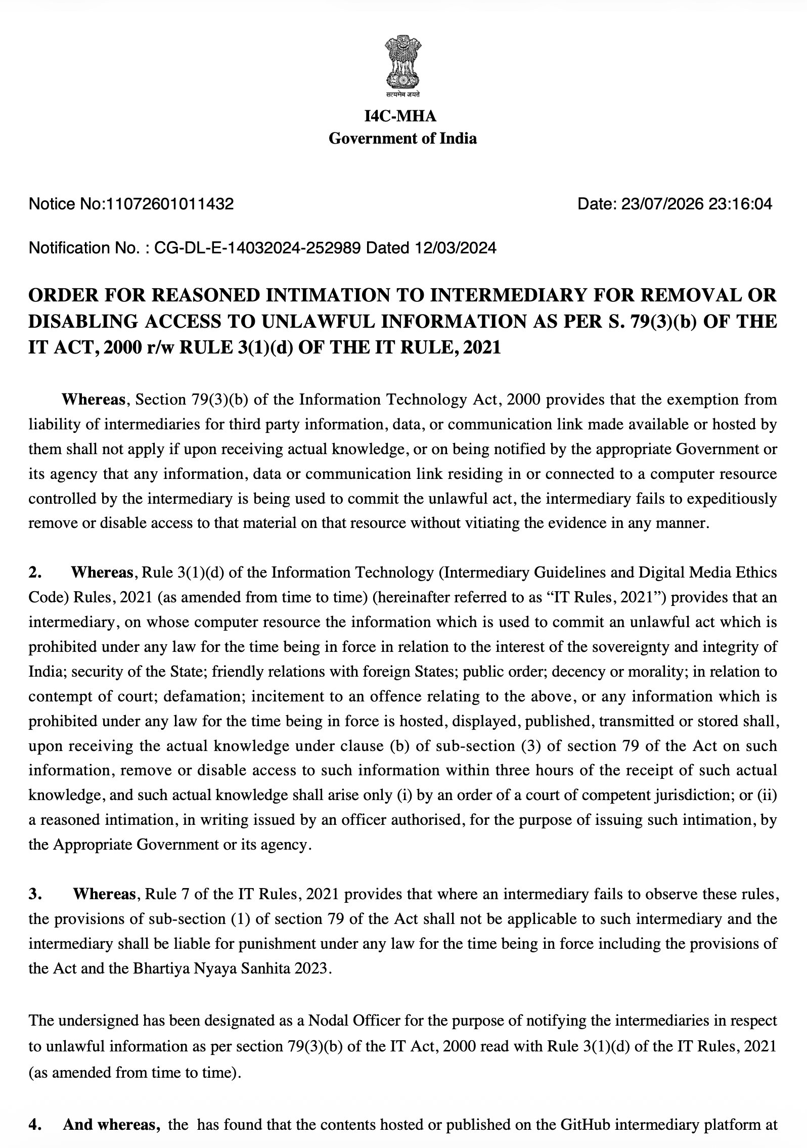 I4C-MHA reasoned intimation page 1 ordering GitHub to remove bitchat